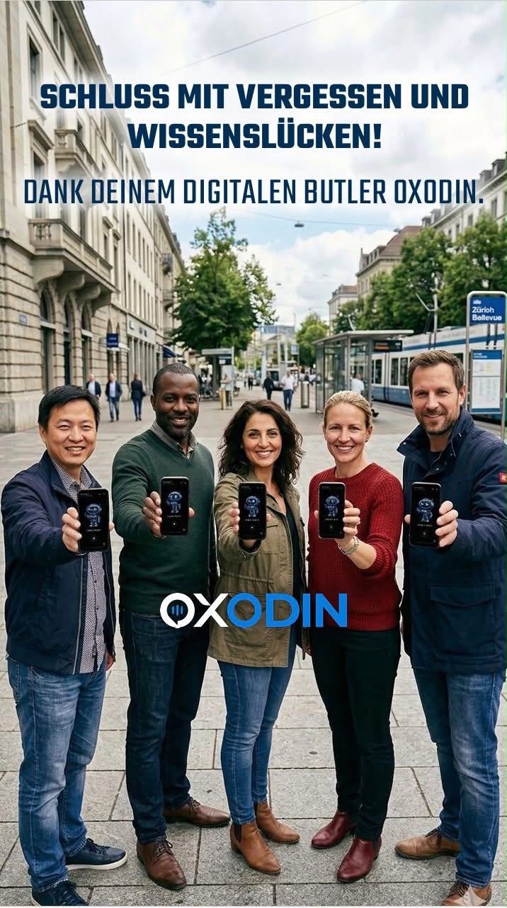 Fünf Anwenderinnen und Anwender zeigen die OXODIN App auf ihren Smartphones